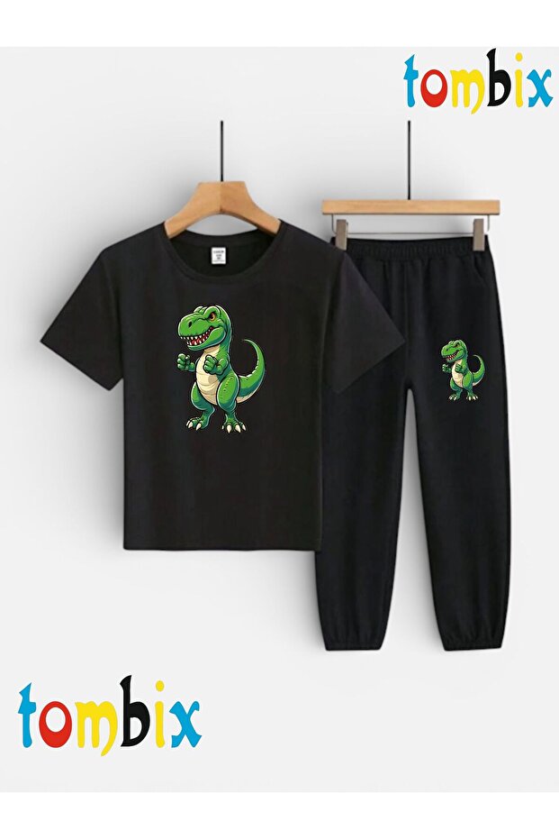 Single Dinosaur Printed T-Shirt and Sweatpants (with Pocket) Children's Top and Bottom Set
