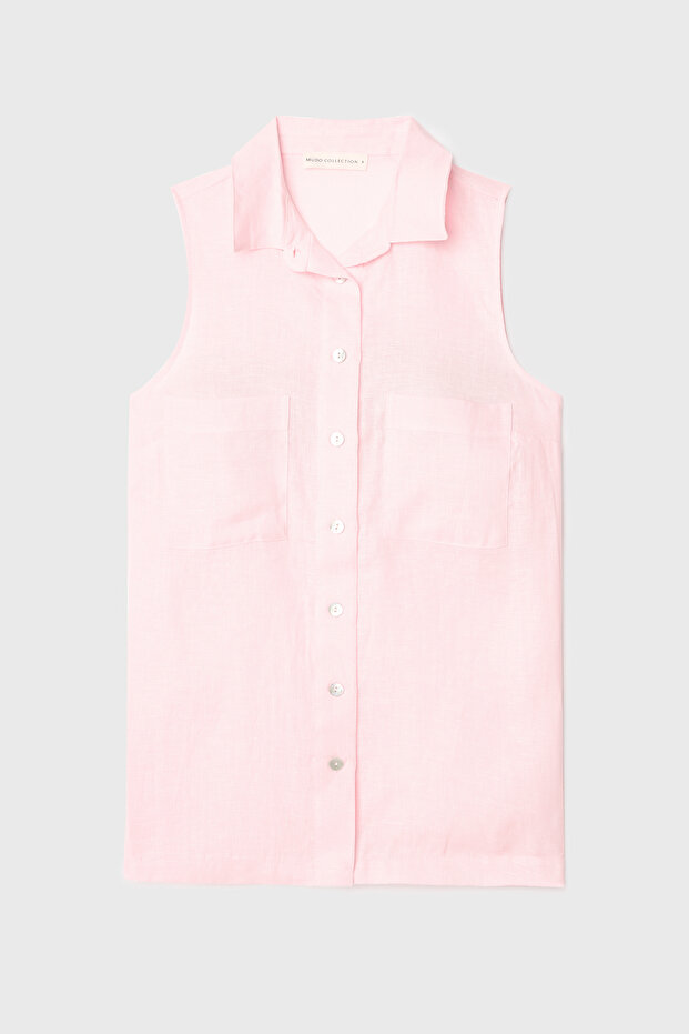 Women's White Double Pocket Sleeveless Linen Shirt