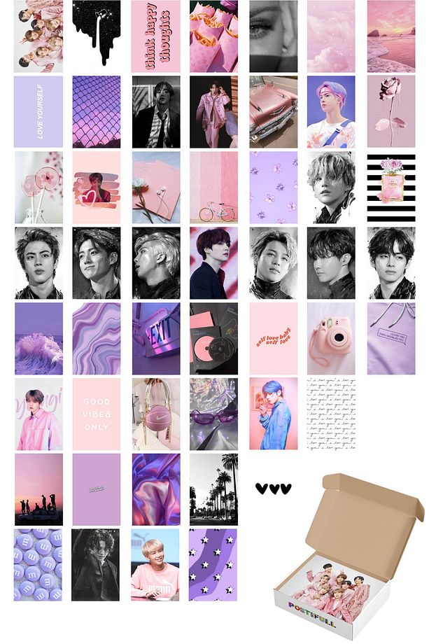 Bts Mor Duvar Posteri Seti - Arkası Yapışkanlı Poster Kolaj Seti - 50 Adet 10cm*15cm - Kutulu Set - 1