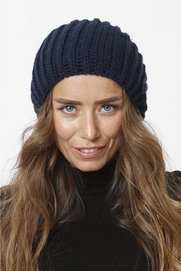 Thessaloniki Knitted Knitwear Plain Beret - Navy Blue