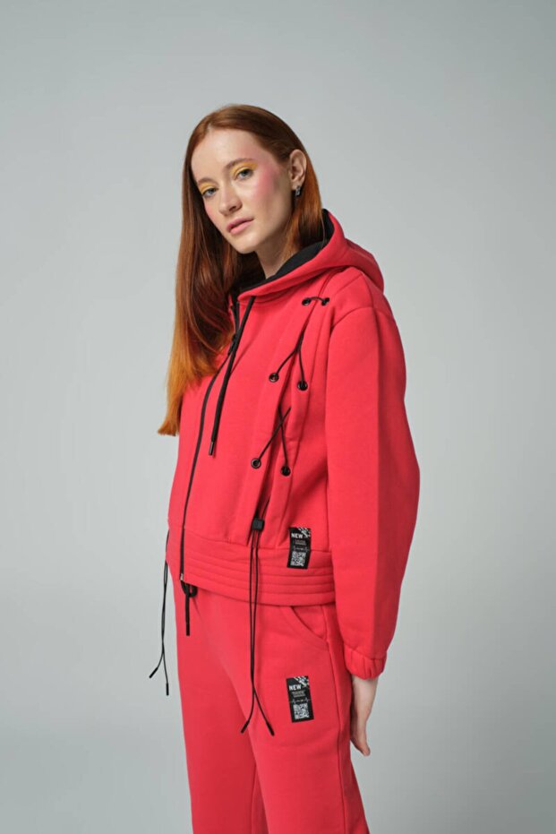 Red Cross Lace Detailed Zippered Hooded Oversize Tracksuit Set