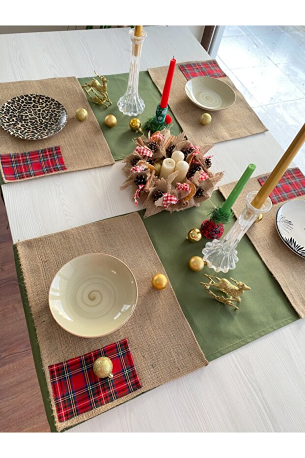 Plaid Patterned New Year Jute Concept Runner Placemat Set - 1
