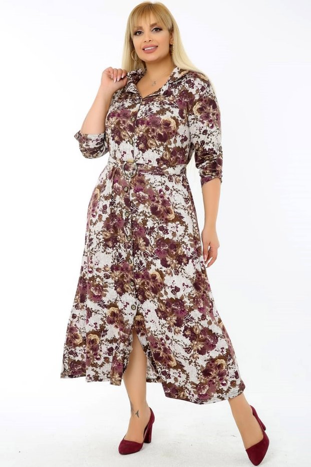 Long Sleeve Belted Floral Patterned Slit Shirt Dress