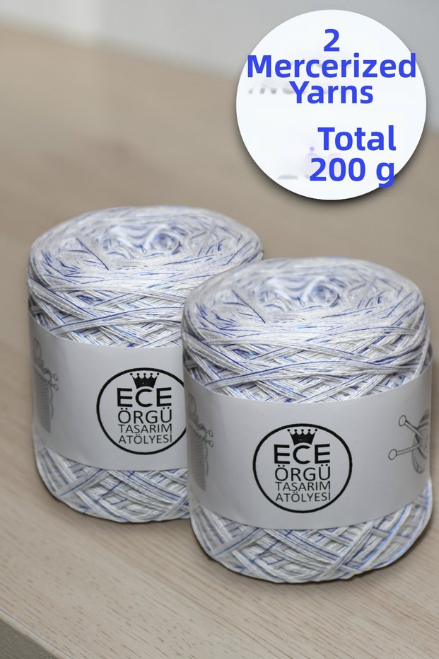 White, Multi-Stranded Italian Mercerized Yarn with One Layer of Blue Shiny Viscose Design Knitting Yarn (200 Gr.)