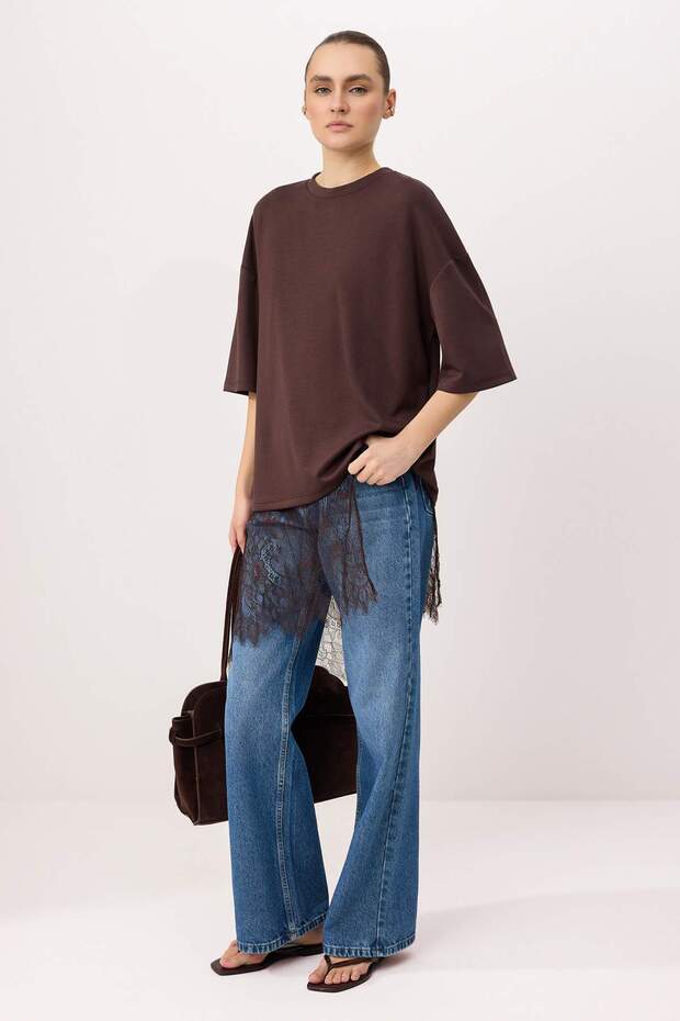Kahverengi Oversize/Geniş Kalıp Düşük Kol Truvakar Uzun Yumuşak Örme T-shirt TWOSS26TS00271 - 3