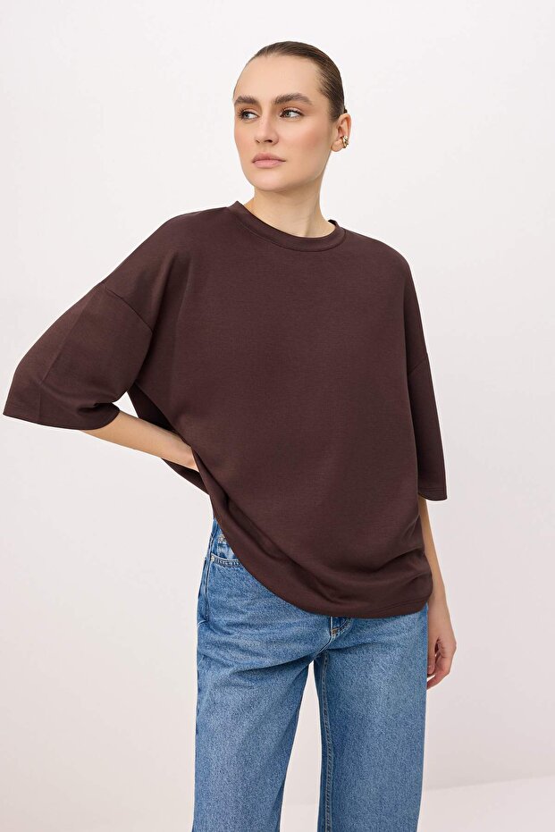 Trendyolmilla  Kahverengi Oversize/Geniş Kalıp Düşük Kol Truvakar Uzun Yumuşak Örme T-shirt TWOSS26TS00271 - Görsel 3