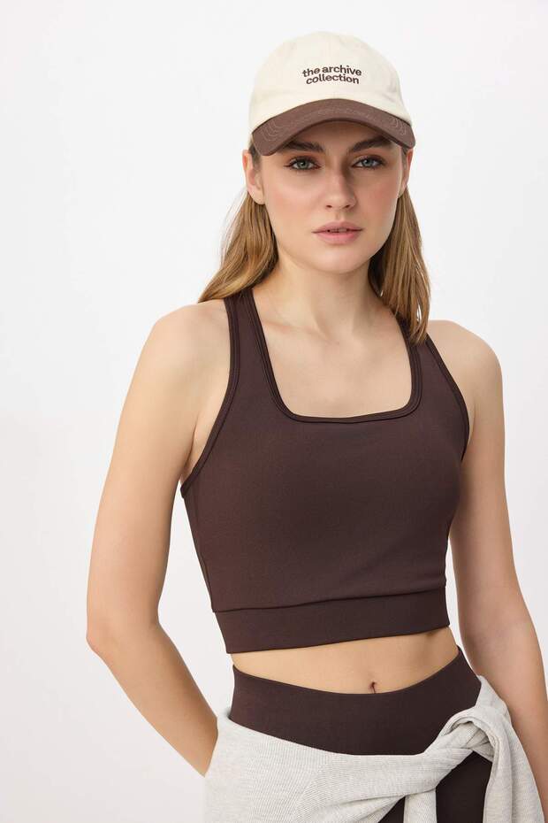 Kahverengi Destekli/Şekillendirici Sırt Detaylı Kalın Askılı Örme Spor Sütyeni TWOSS22SS0040 - 3