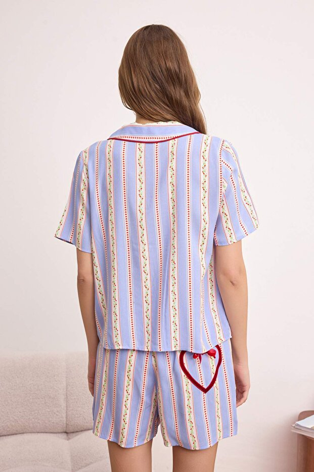 Çok Renkli Çiçekli Kalp Detaylı Viskon Dokuma Pijama Takımı THMSS26PT00144 - 5