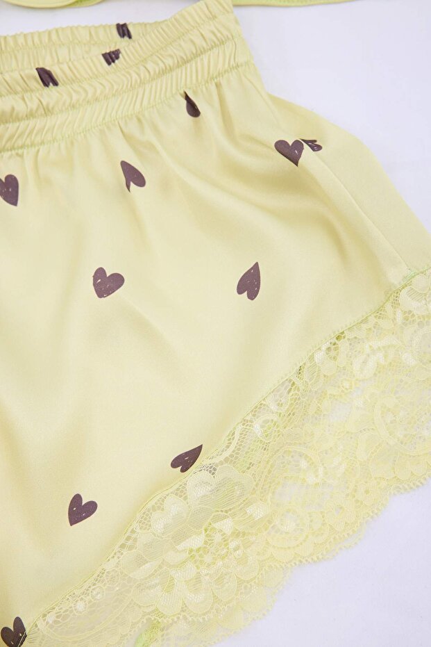 Sarı Kalp Saten Dokuma Pijama Takımı THMSS24PT00117 - 5