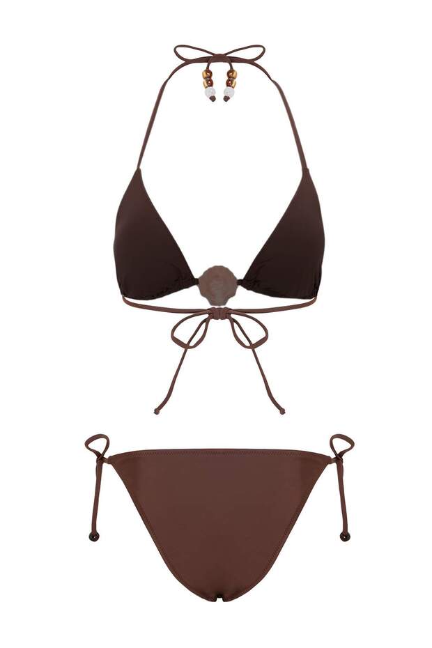 Kahverengi Üçgen Kaplı Aksesuarlı Normal Bel Regular Bikini Takımı TBESS26BT00081 - 5