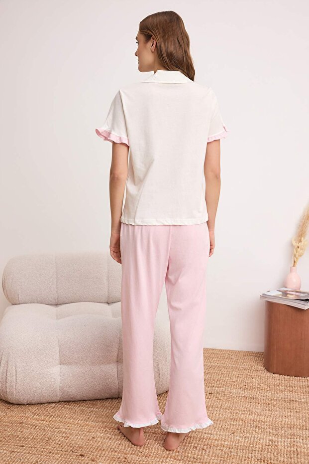 Ekru-Pembe %100 Pamuklu Fırfır Detaylı Örme Pijama Takımı THMSS24PT00223 - 4
