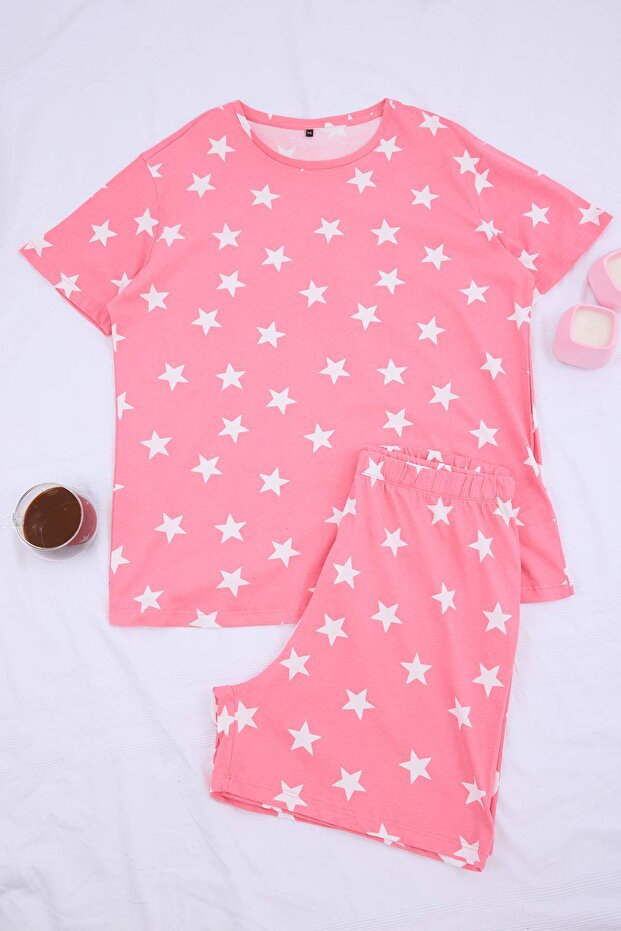 Pink Star Patterned Knitted Pajama Set with Shorts Tbbss24Ai00027
