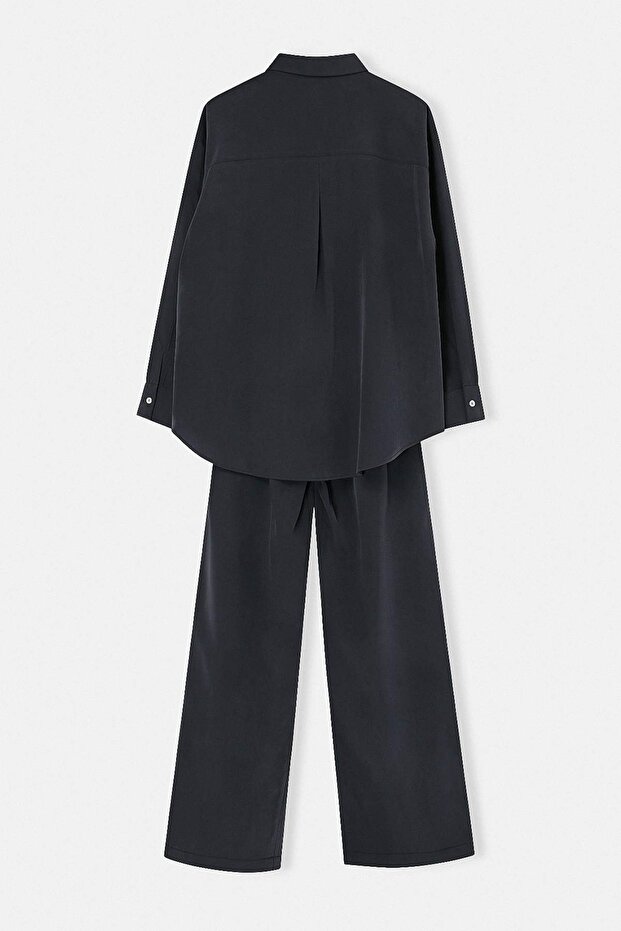 Siyah Keten Oversize Yıkamalı Tencel Salaş Gömlek Takım TDRSS26AU00008 - 5