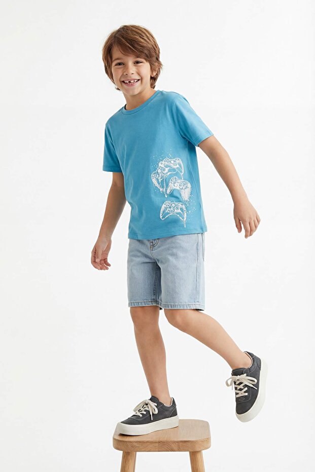 Beyaz-Mavi 2'li Erkek Çocuk Baskılı Örme T-Shirt TKDSS26TS00040 - 6