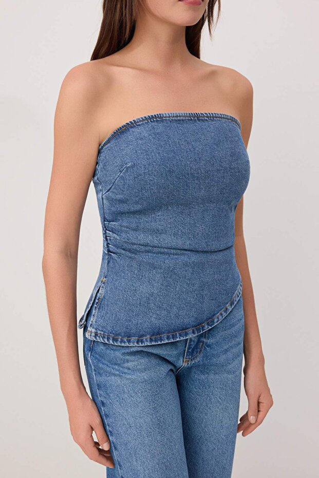 Mavi Straplez Asimetrik Denim Bluz TWOSS26BZ00657 - 3