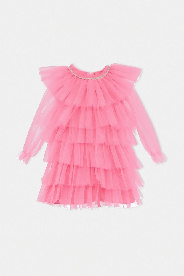 Pembe Midi Çizgili Kız Çocuk Dokuma Elbise TKDSS26EL00044 - 4