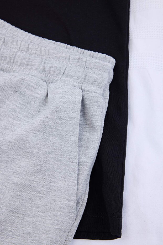 Siyah-Gri Baskılı %100 Pamuk Regular Fit Örme Şortlu Pijama Takımı TMNSS24PT00012 - 7