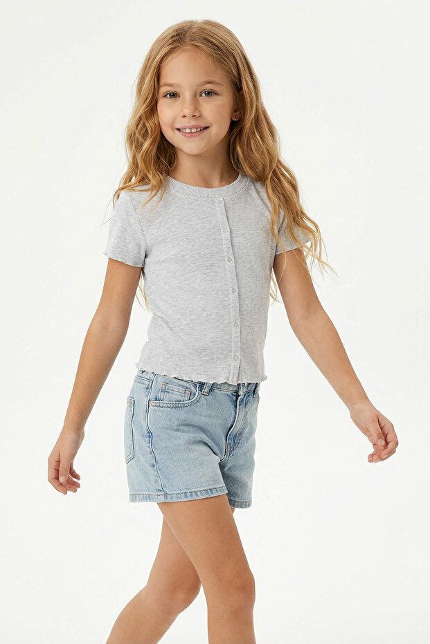 Gri Kız Çocuk Kaşkorse Düğmeli Örme T-Shirt TKDSS26TS00034 - 3