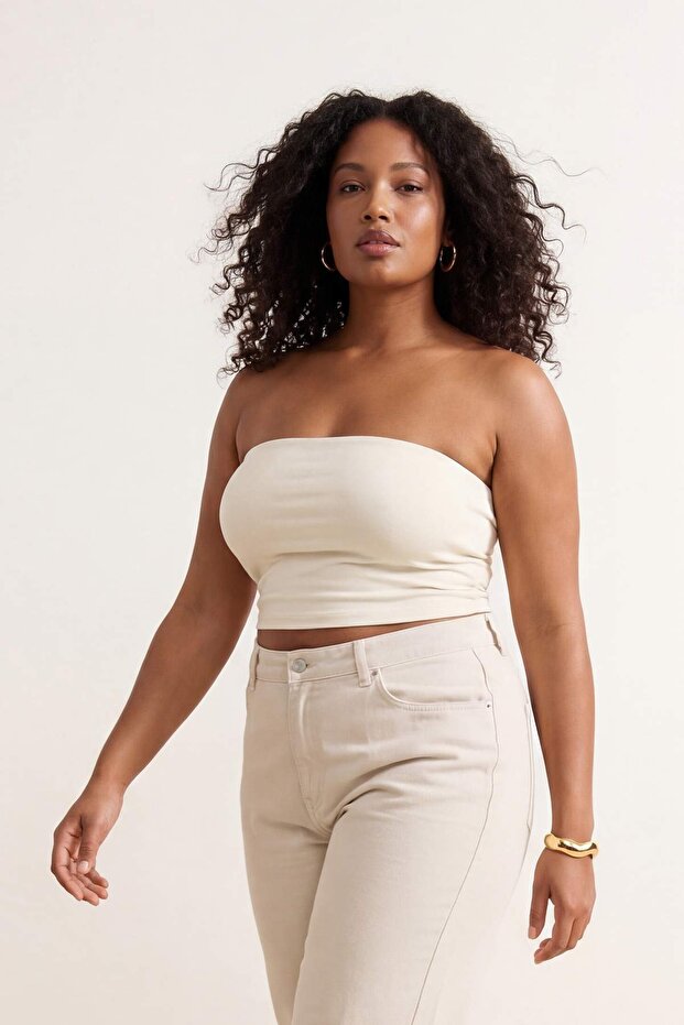 Ekru-Siyah 2'Li Paket Fitted Crop Esnek Örme Bluz TBBSS26AF00083 - 2