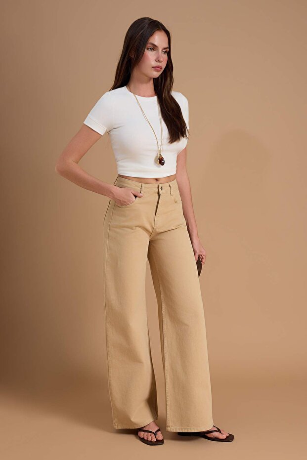 Bej Yüksek Bel Wide Leg Geniş Paça %100 Pamuklu Jeans TWOSS26JE00165