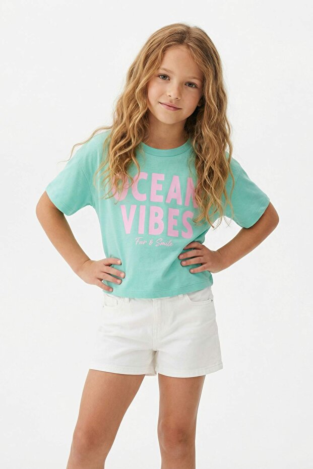 Sarı-Yeşil 2'li Kız Çocuk Baskılı Örme T-Shirt TKDSS26TS00053 - 2
