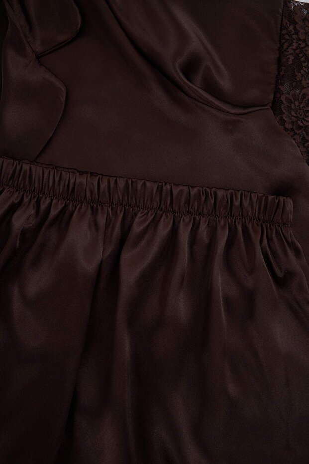 Kahverengi Çeyiz Seti Saten Gömlek Yaka Büyük Beden Pijama Takımı TBBSS26AI00068 - 6