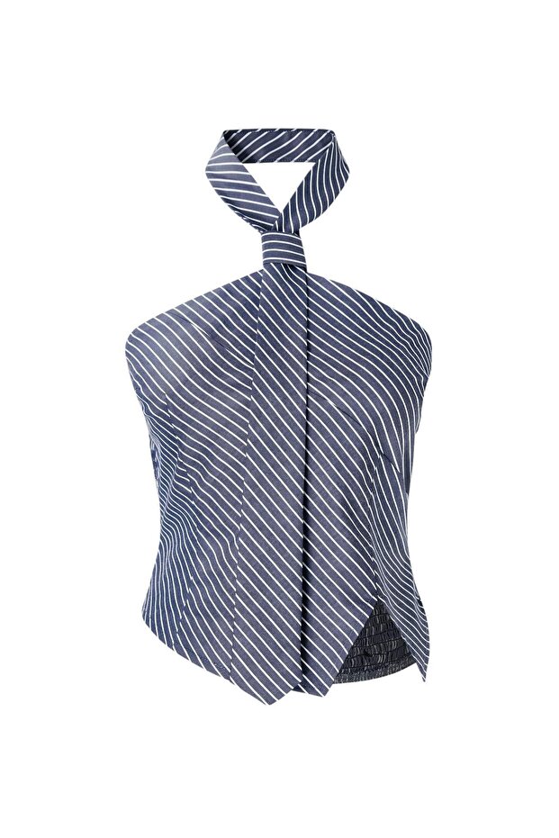 Limited Edition Antrasit Çizgili Kravat Detaylı Dokuma Bluz TWOSS26BZ00591 - 6