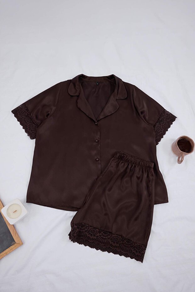 Kahverengi Çeyiz Seti Saten Gömlek Yaka Büyük Beden Pijama Takımı TBBSS26AI00068 - 5