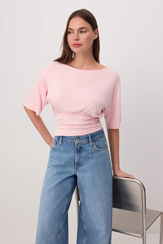 Pembe Düz Regular/Normal Kalıp Asimetrik Yaka Premium Yumuşak Örme Bluz TWOSS26BZ00097 - 2