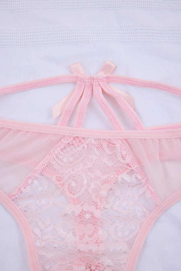 Pembe Dantelli Tül ve Fiyonk Detaylı Tanga Örme Külot THMSS24KU00037 - 6