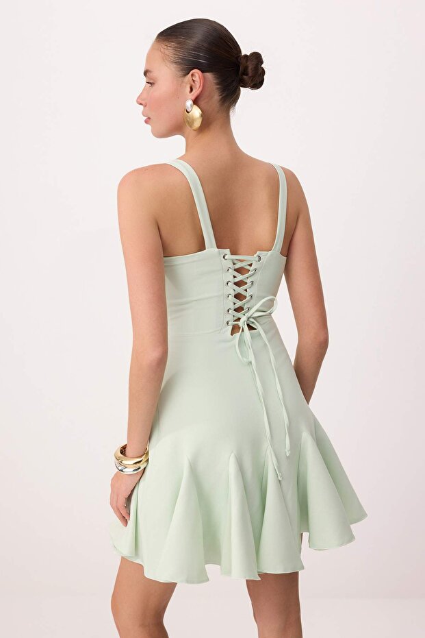 Mint Düz Volanlı / Fırfırlı Dokuma Finike Kısa / Mini Astarsız Düğün/Nikah Elbise - 4