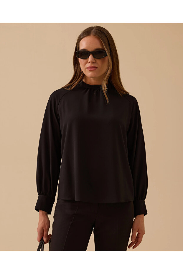 Stand Collar Pleated Detailed Blouse