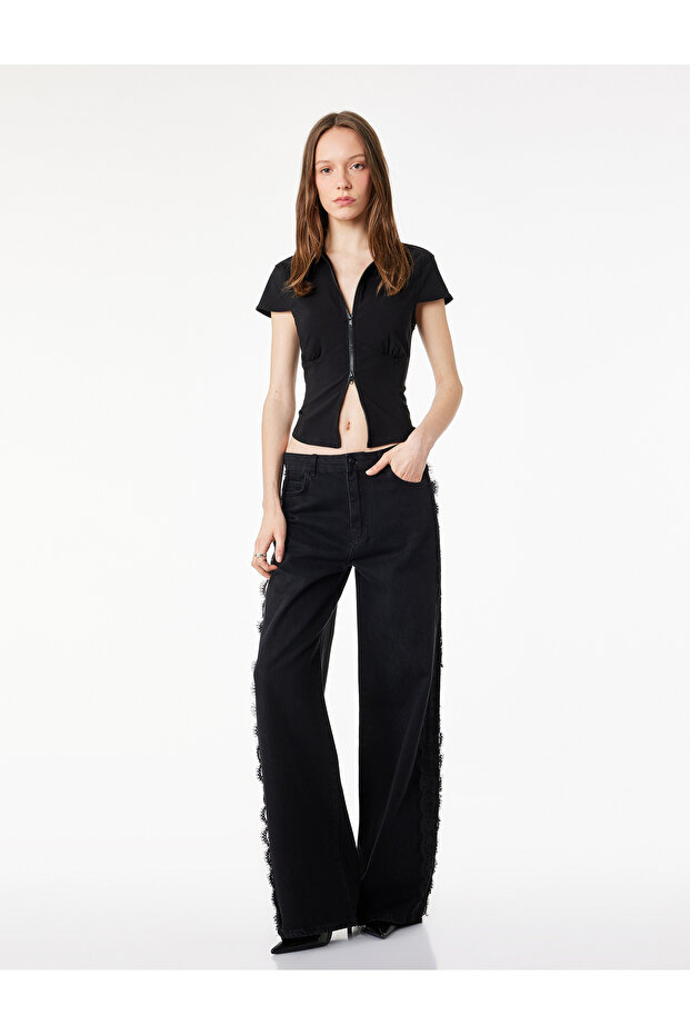 Slim Fit Short Sleeve Classic Collar Zipper Crop Shirt