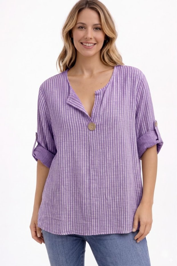 Women's Italian Lilac Striped 3/4 Sleeve Loose 100% Cotton Blouse Tunic