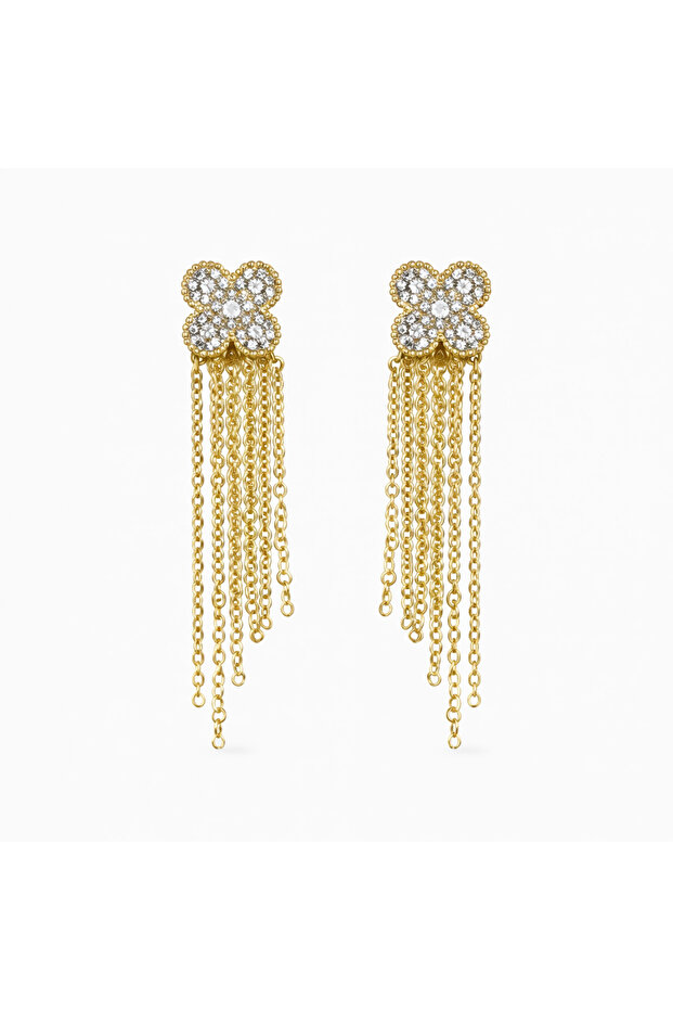 Zircon Stone Clover Dangle Earrings Stainless Steel Gold