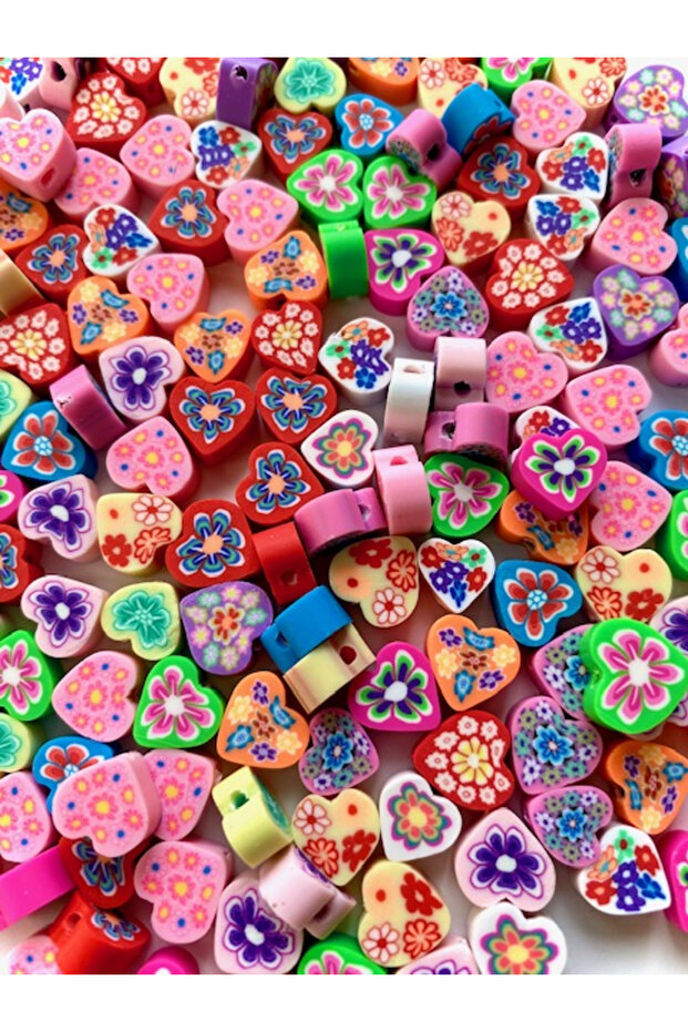10mm Polymer Clay Fimo Mixed Color Heart Model Beads with Flowers Inside (100 Pieces)