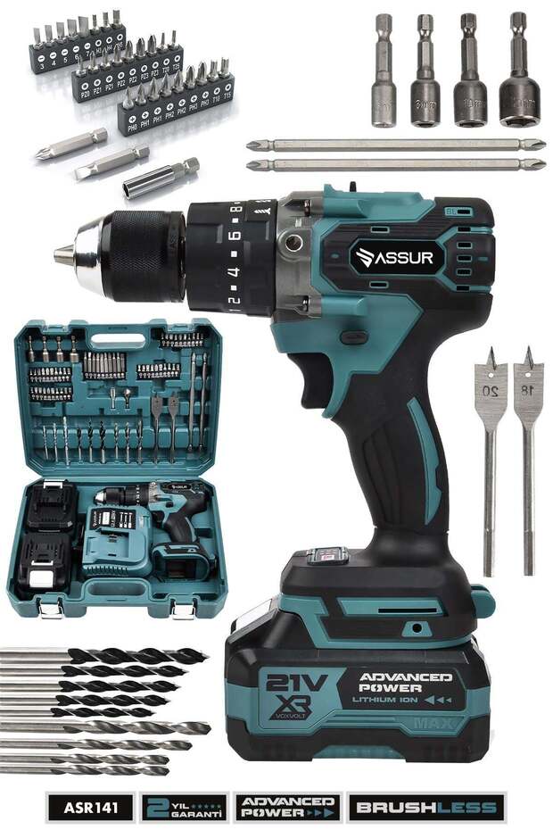 ASSUR 21V 10 Pilli Çift Akülü Kömürsüz Motor 13 mm Çelik Mandren 69 Parça Şarjlı Darbeli Matkap Seti