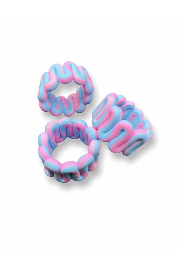 Polymer Clay Pink - Blue Colored Stripe Wavy Model Handmade Ring,Chunky Clay Ring