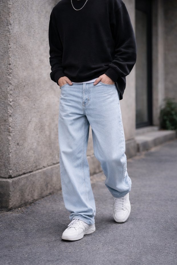 Men's Wide Fit Baggy Jean Pants Ice Blue Relaxed Fit Casual Streetwear