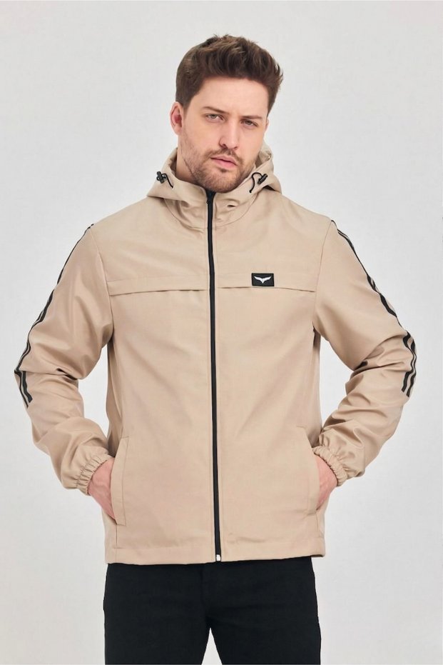 Men's Sports Raincoat Beige – Hooded, Black Stripe Detail, Lightweight Windbreaker, Outdoor Seasonal