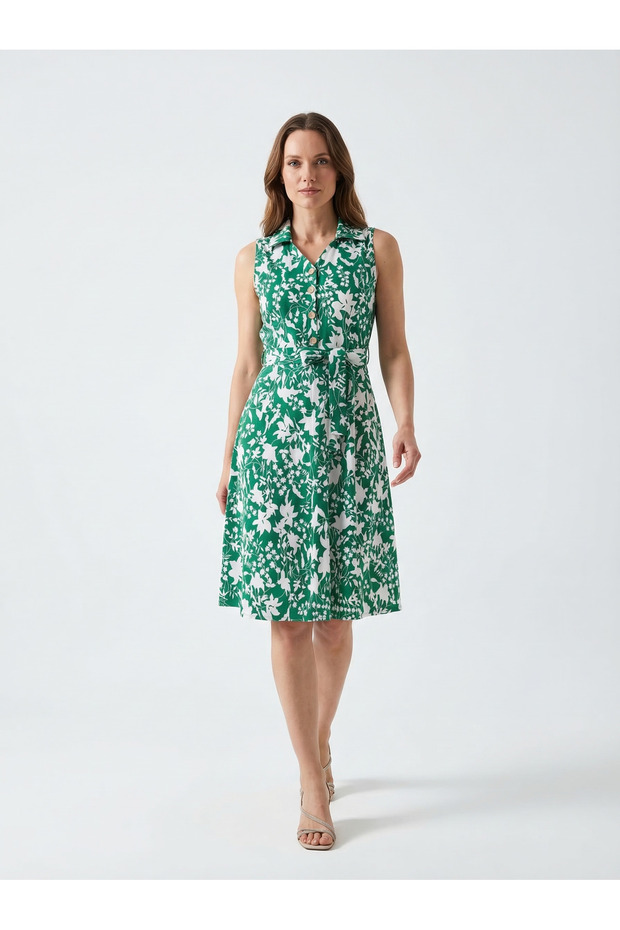 Apsen Women's Emerald Green Button Detailed V-Neck Cotton Dress 4405-105