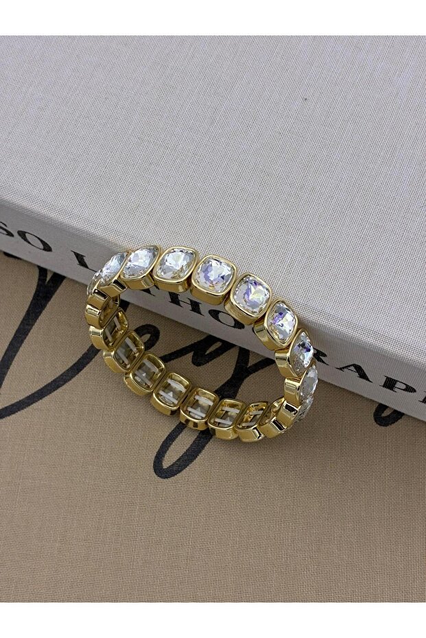 Gold Color, Silver Crystal Stone Thin, Elastic, Baguette Model Bracelet