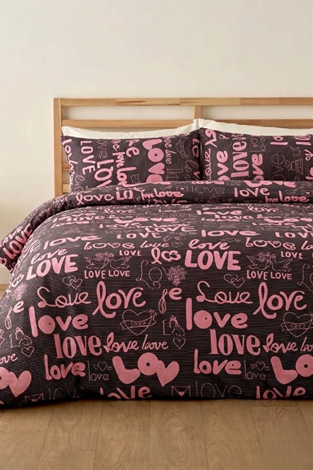 Burgonya Love Double Bed Sheet Elastic-Cotton Duvet Cover Set