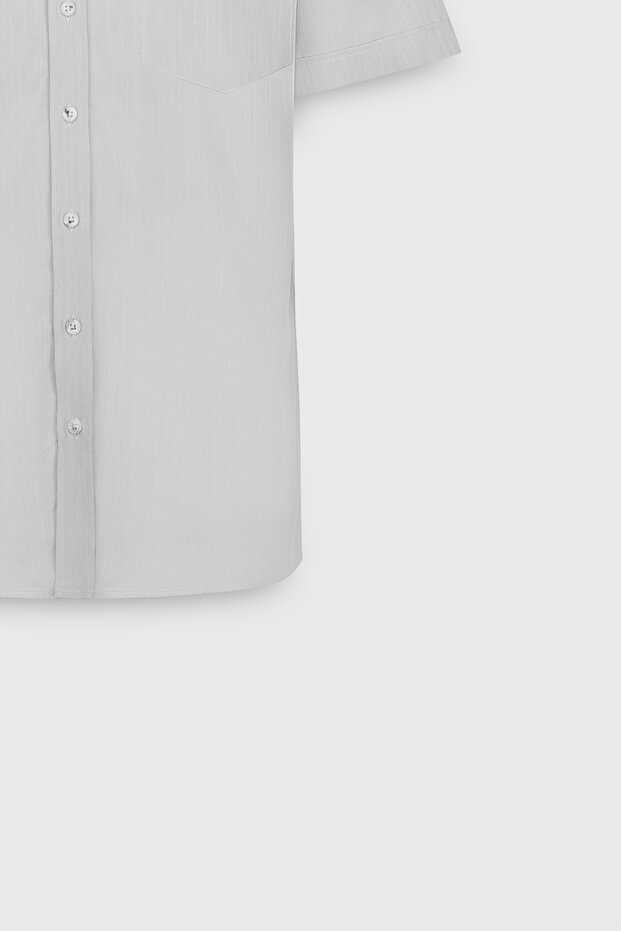 Erkek Gri Comfort Fit Rahat Kesim Düğmeli Yaka Keten Görünümlü %100 Pamuk Flamlı Kısa Kollu Gömlek - 8