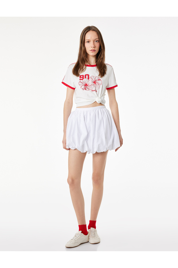 Ribbed Slim Fit Short Sleeve Crew Neck Hibiscus Printed Crop T-Shirt