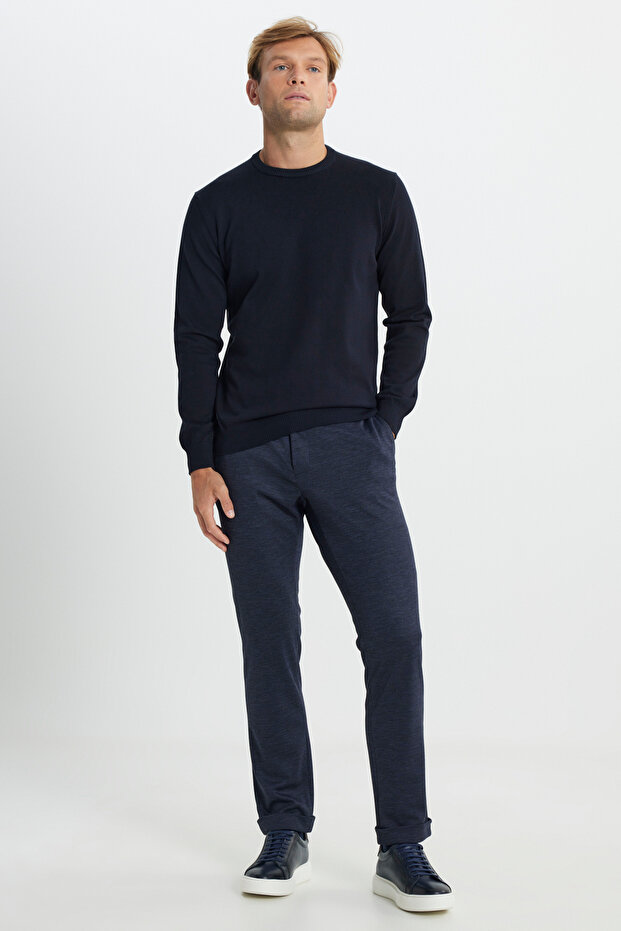 Erkek Lacivert Yünlü Slim Fit Dar Kesim Desenli Yan Cep Pantolon - 2