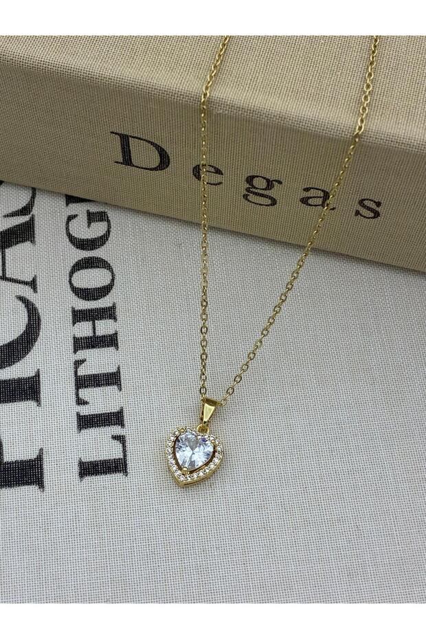 Steel Gold Colored Zircon Stone Heart Model Necklace