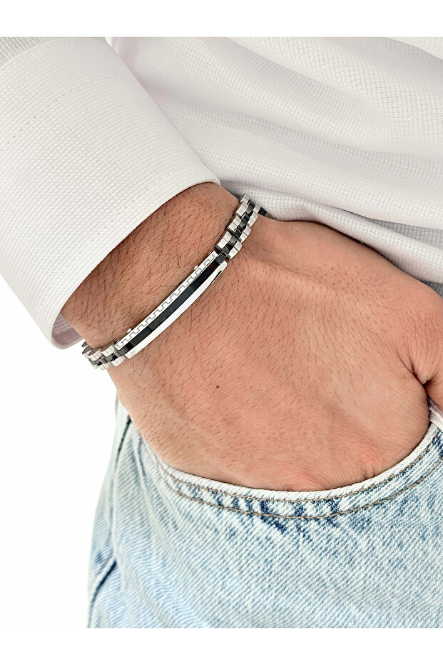 Black and silver steel men's bracelet frj10166a-j with year warranty gift packaged