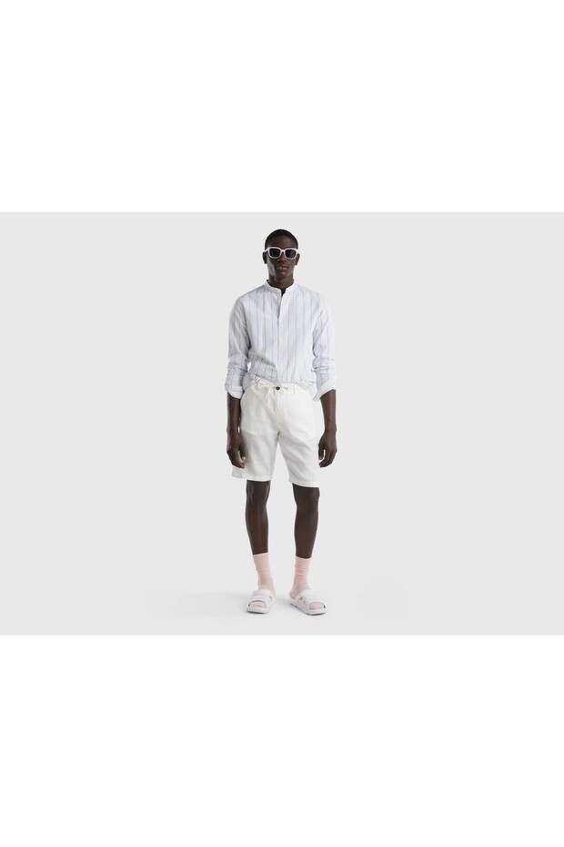 Men's Cream Lace-Up Linen Bermuda Shorts Cream