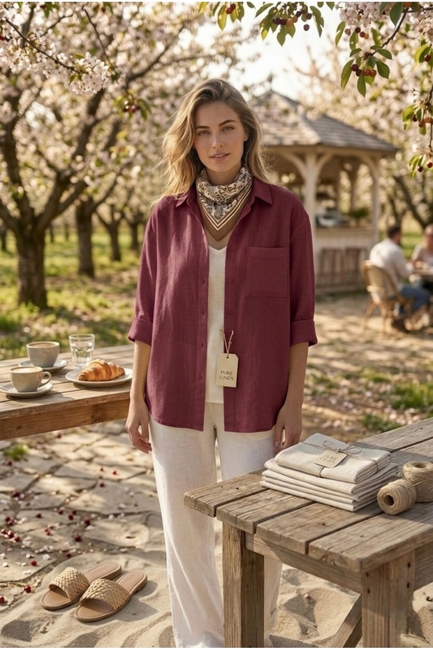 Natural Linen Fabric Oversize Loose Fit Women's Shirt – Summer Comfortable Cut Bordo